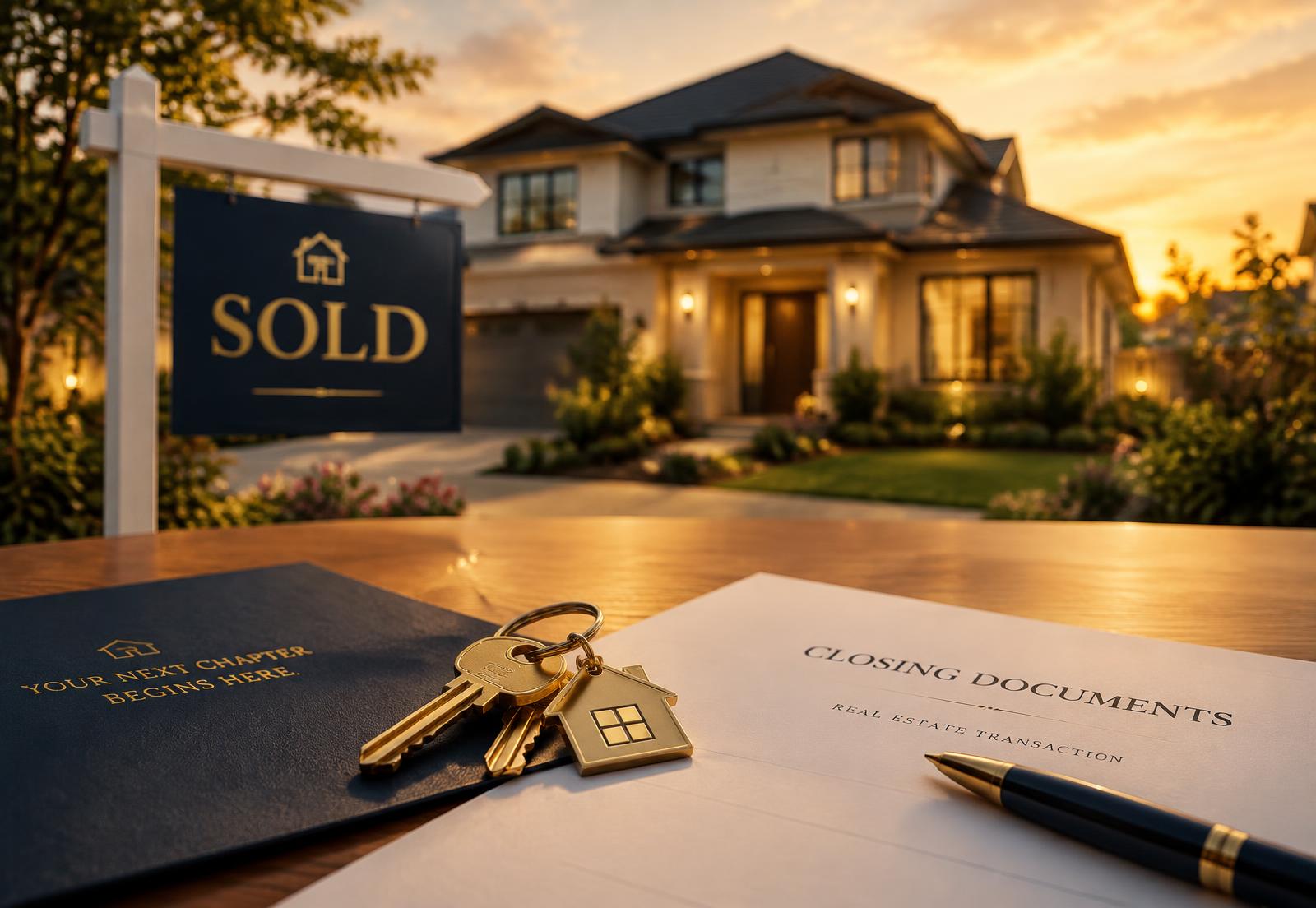 Sold home at golden hour with keys and closing documents